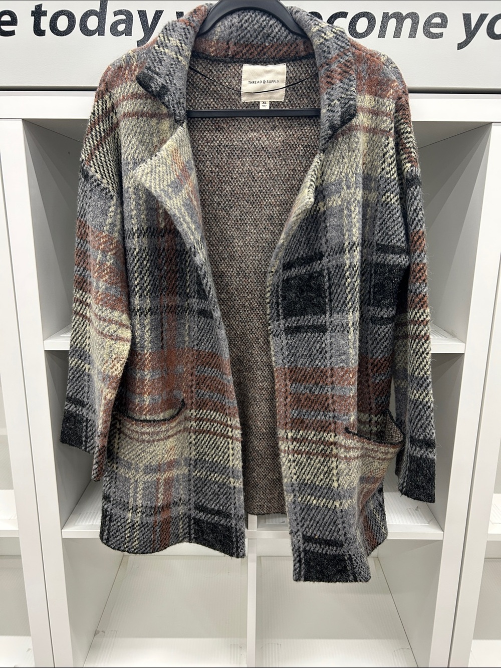 Thread & Supply Plaid Open-Front Cardigan in Gray, Rust & Cream
